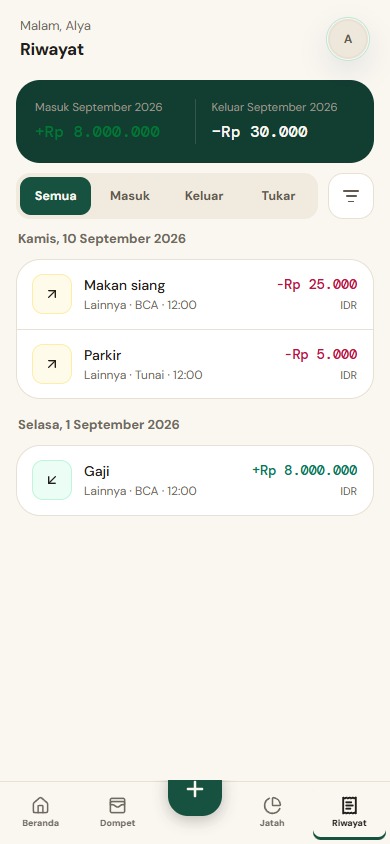Riwayat DANARA September 2026 di HP, dengan pemasukan, pengeluaran, dan daftar transaksi